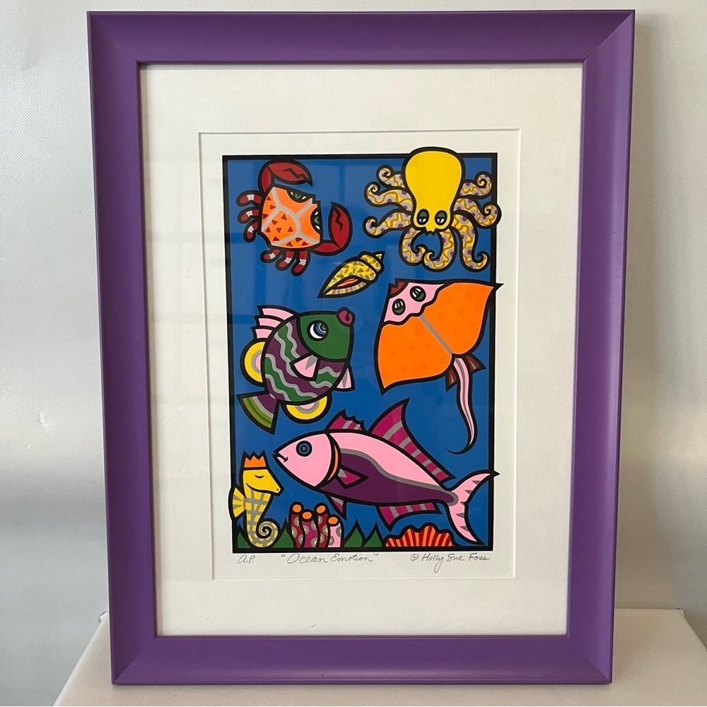 Holly Sue Foss Signed Art Colorful Fish Ocean Emotion Framed Art